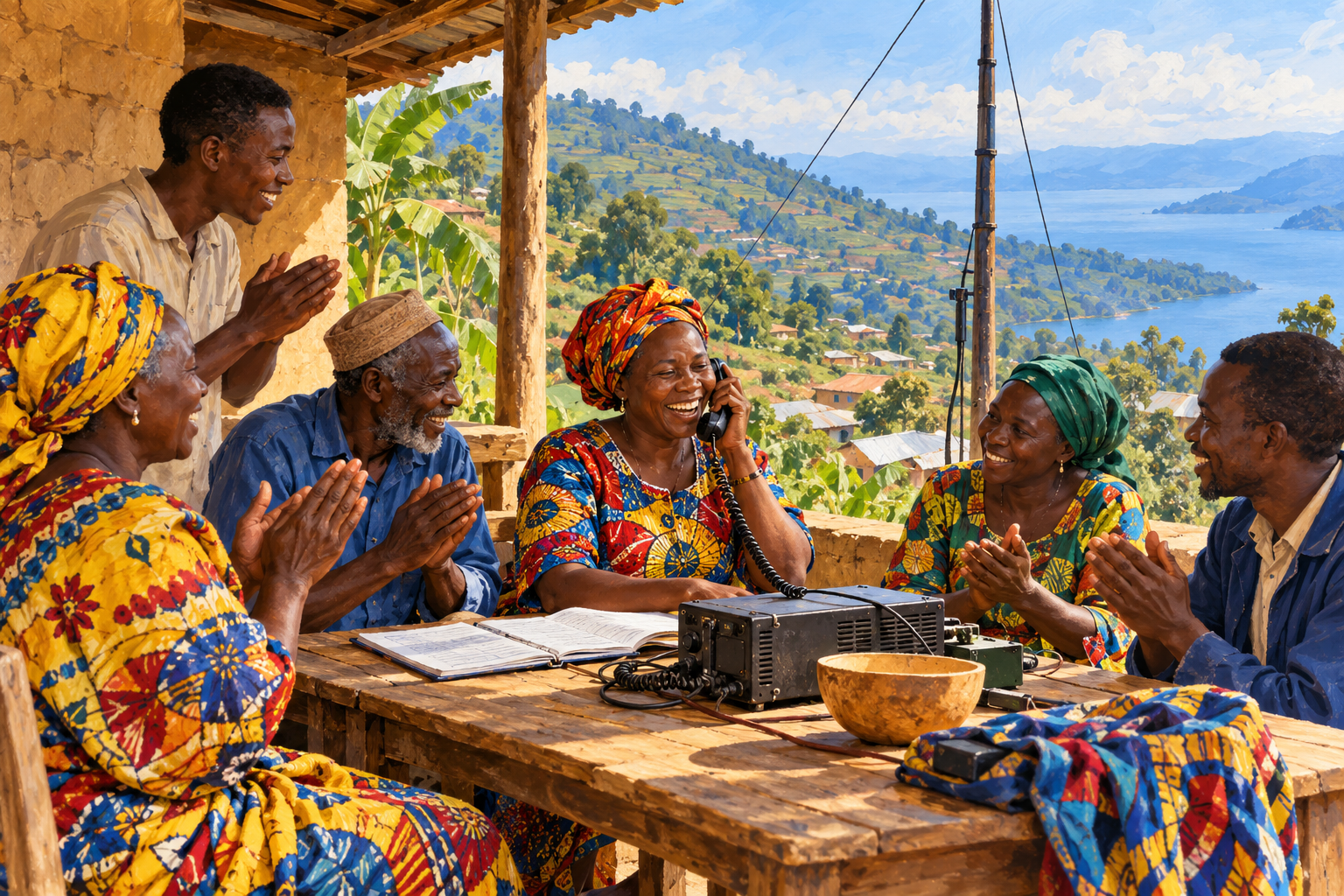 Illustration: members of a community protection committee in South Kivu celebrate on a veranda as their leader speaks on a high-frequency radio, with the hills and Lake Kivu behind them.