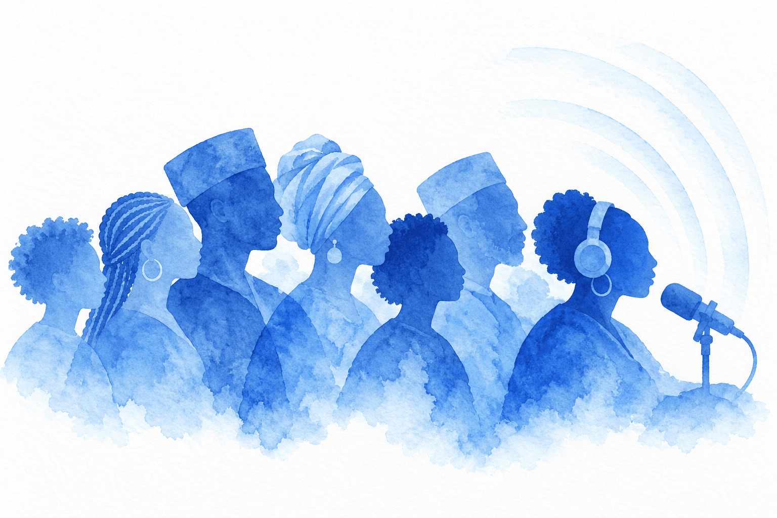 Illustration: blue watercolor silhouettes of Liberian women and men in profile, led by a radio host at a microphone, with faint radio waves spreading outward.
