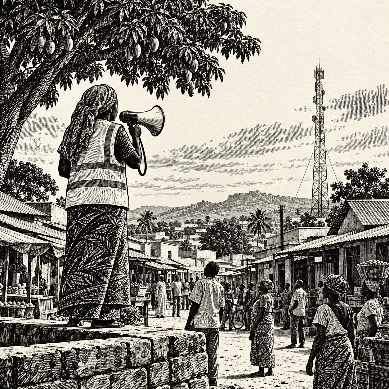Illustration: a community early-warning monitor in a reflective vest stands on a wall in a West African market town and addresses residents through a megaphone, with a radio mast behind.